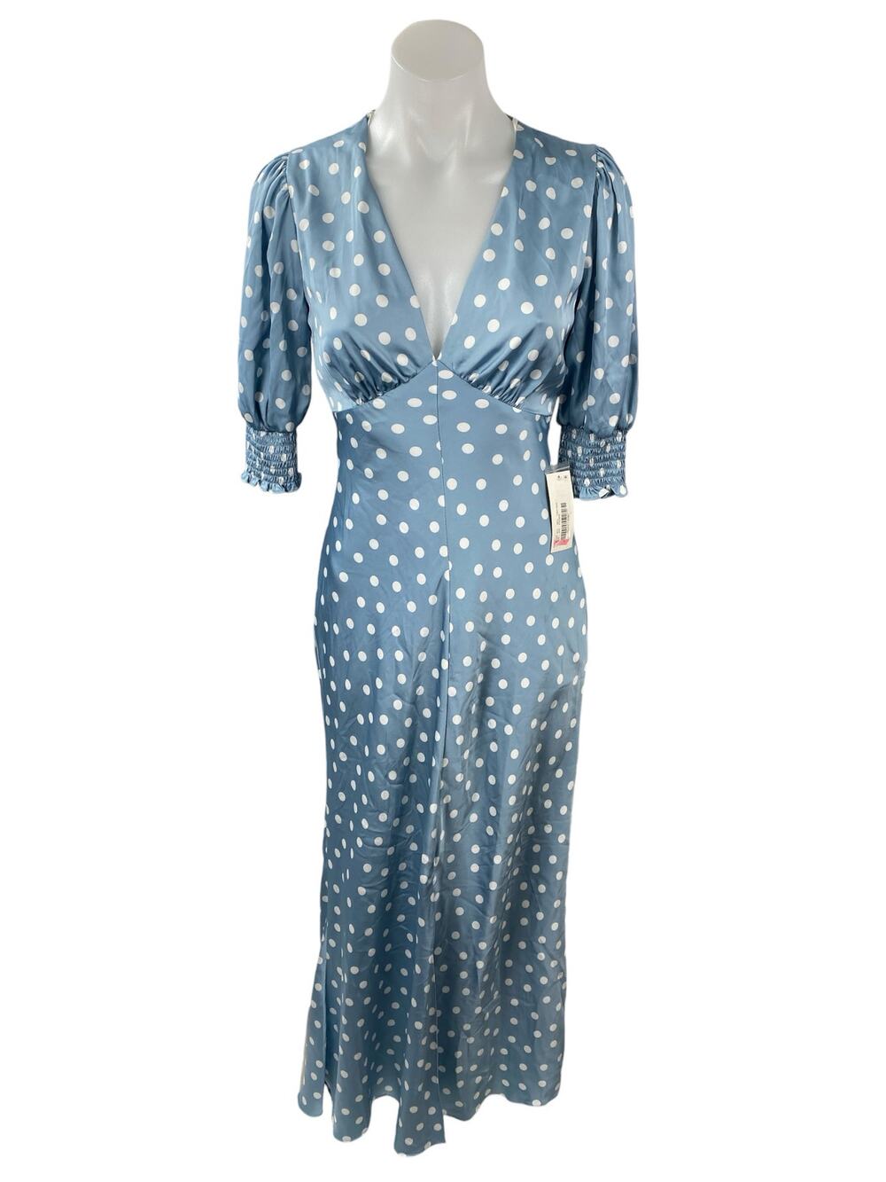 NEW B Darlin Blue Polka Dots Silk Satin Half Puff Sleeve Maxi Dress Size 7/8